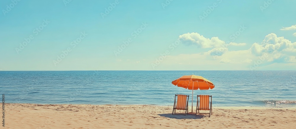 Tranquil beach scene showcasing two lounge chairs and an orange umbrella against a serene ocean backdrop under a clear sky Tranquil beach scene showcasing two lounge chairs and an orange umbrella against a serene ocean backdrop under a clear sky