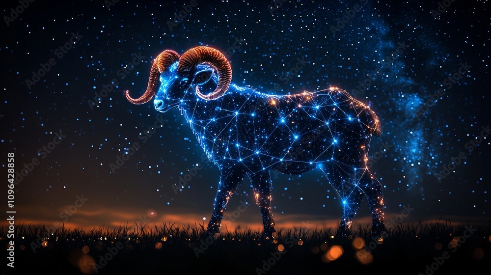 Artistic visualization Aries constellation highlighting ram vibrant star filled night sky nebulae Artistic visualization Aries constellation highlighting ram vibrant star filled night sky nebulae