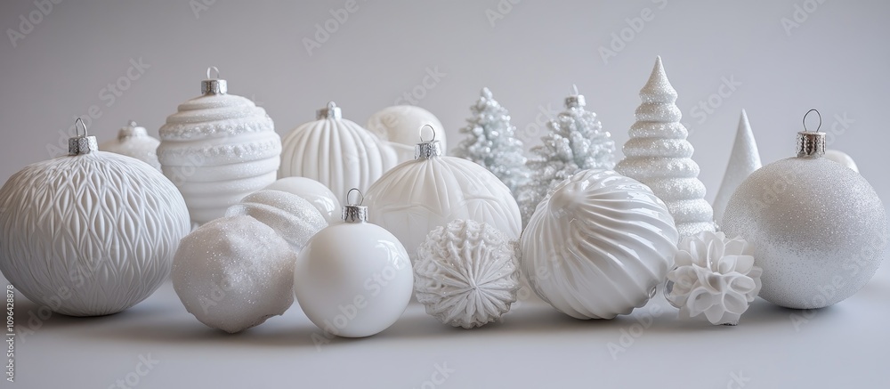 White Christmas ornaments in varying textures and shapes for festive product photography and holiday decor themes. White Christmas ornaments in varying textures and shapes for festive product photography and holiday decor themes.