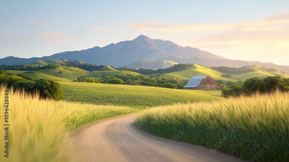 a dirt road winding through a lush green field with a barn in the distance, surrounded by trees and mountains in the background The sky is filled with white, fluff a dirt road winding through a lush green field with a barn in the distance, surrounded by trees and mountains in the background The sky is filled with white, fluff