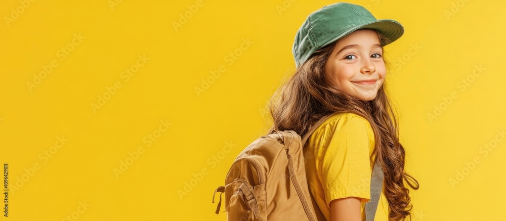 Happy child with long hair in green cap and yellow shirt holding backpack against vibrant yellow background smiling cheerfully Happy child with long hair in green cap and yellow shirt holding backpack against vibrant yellow background smiling cheerfully