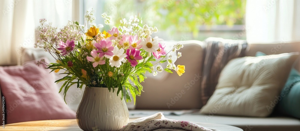 Fototapeta premium A cozy living room featuring a coffee table with a vibrant bouquet of spring flowers in a stylish vase and soft cushions in the background