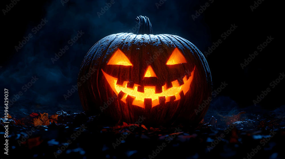 Glowing Jack-o'-lantern sits amidst autumn leaves in a dark, smoky setting, creating a spooky Halloween atmosphere. Glowing Jack-o'-lantern sits amidst autumn leaves in a dark, smoky setting, creating a spooky Halloween atmosphere.