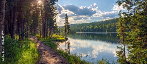 serene hiking trail along a calm lake surrounded by lush pine trees and vibrant nature during a sunny day photo