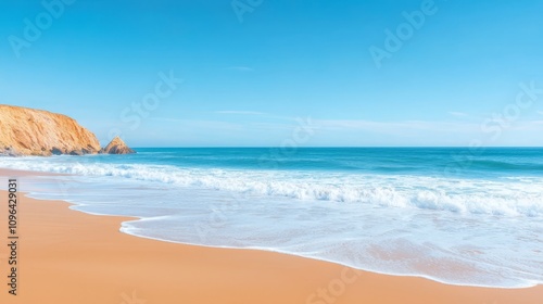  a beach with waves crashing onto the sand and a mountain in the background The sky is filled with white, fluffy clouds, creating a peaceful atmosphere