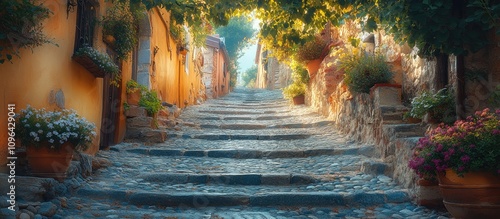 Fototapeta Naklejka Na Ścianę i Meble -  Charming cobblestone lane with colorful plants in a quaint small town illuminated by soft sunlight.