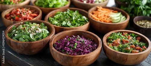 Fresh and colorful salad selection in wooden bowls showcased on a buffet table for healthy dining options