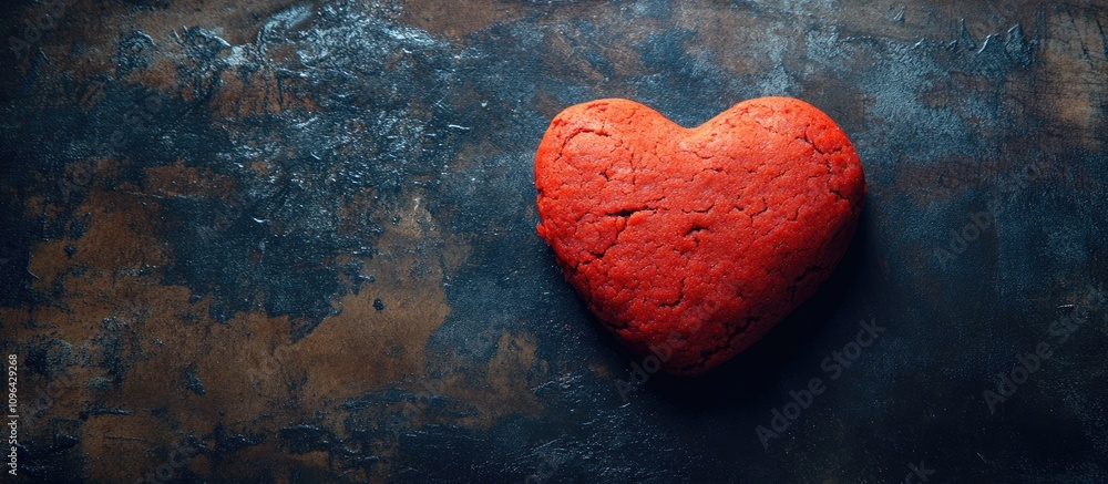 Heart shaped red cookie placed on a textured dark background perfect for romantic or festive themes in culinary designs. Heart shaped red cookie placed on a textured dark background perfect for romantic or festive themes in culinary designs.