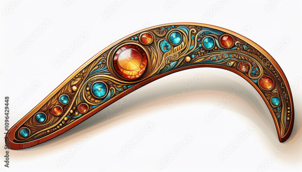 Luxurious boomerang adorned with intricate metallic engravings and colorful gemstones, set against a dramatic light background. Perfect for fantasy, decorative art, or cultural themes. Luxurious boomerang adorned with intricate metallic engravings and colorful gemstones, set against a dramatic light background. Perfect for fantasy, decorative art, or cultural themes.