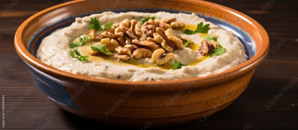 Baba ghanoush appetizer with walnuts and fresh herbs served in a terracotta bowl on a rustic wooden table Baba ghanoush appetizer with walnuts and fresh herbs served in a terracotta bowl on a rustic wooden table