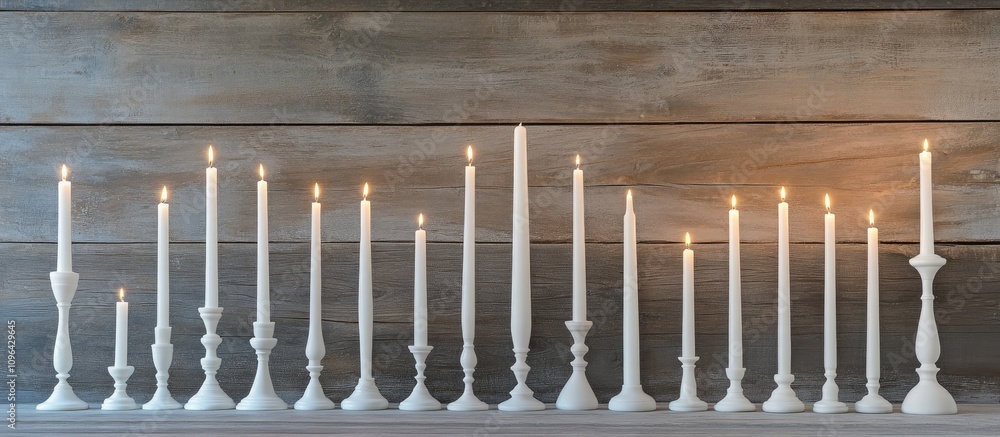 Elegant arrangement of white candles in various heights and styles illuminated on a rustic wooden table for a cozy ambiance Elegant arrangement of white candles in various heights and styles illuminated on a rustic wooden table for a cozy ambiance