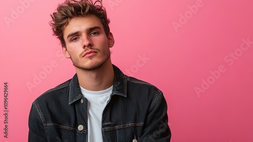 Portrait of a jaded young Caucasian man isolated on pink background with copy space. 8k Resolution 