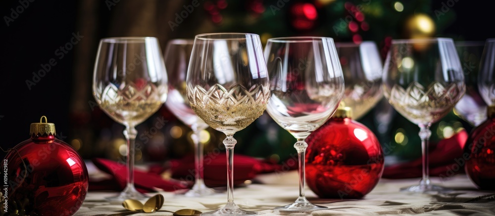 Elegant wine glasses set on a festive table with holiday decorations creating a warm and inviting atmosphere for celebrations Elegant wine glasses set on a festive table with holiday decorations creating a warm and inviting atmosphere for celebrations