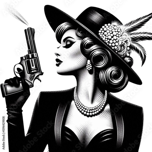 A glamorous woman dressed elegantly, holding a revolver, exuding vintage charm with a femme fatale theme. She was created in a scratchboard style, resembling a black-and-white sketch engraving,