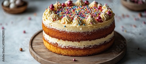 Colorful layered birthday cake topped with sprinkles and decorative accents on a rustic wooden board against a neutral background photo