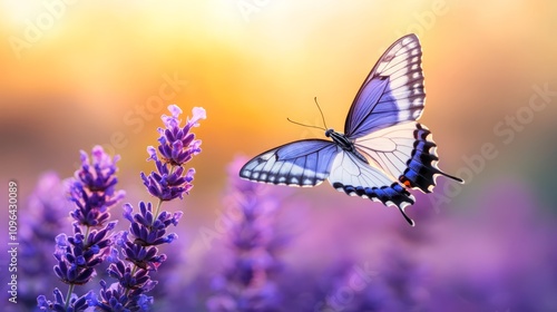  a blue and white butterfly perched atop a lavender flower, with a blurred background