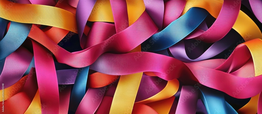 Vibrant multi-colored ribbons entangled on a dark background ideal for creative projects and festive celebrations. Vibrant multi-colored ribbons entangled on a dark background ideal for creative projects and festive celebrations.