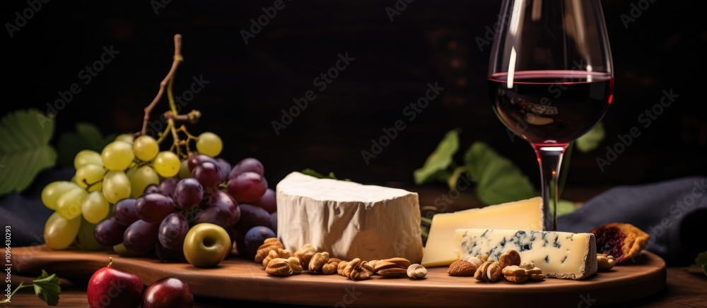 Elegant cheese platter with assorted fruits nuts and red wine on a vintage table creating a romantic dinner atmosphere Elegant cheese platter with assorted fruits nuts and red wine on a vintage table creating a romantic dinner atmosphere