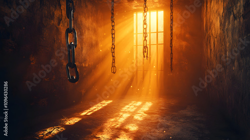 Chains hanging in a dim cell with hopeful sunligh photo