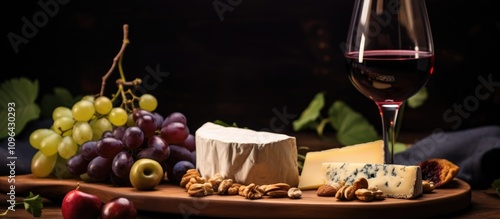 Elegant cheese platter with assorted fruits nuts and red wine on a vintage table creating a romantic dinner atmosphere