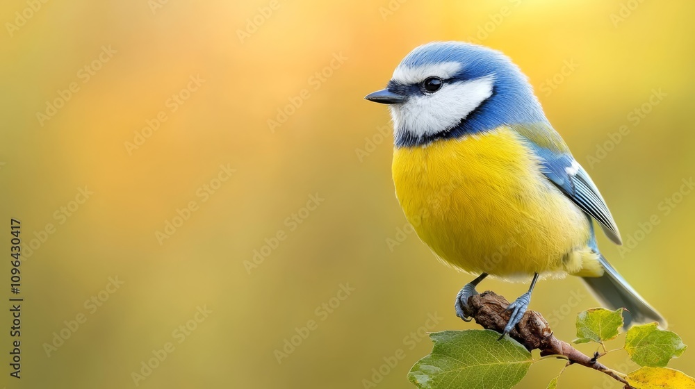 Obraz premium a blue tit perched atop a tree branch, its feathers a mix of blue, yellow, white and black The background is slightly blurred, giving the bird a sense of focus and
