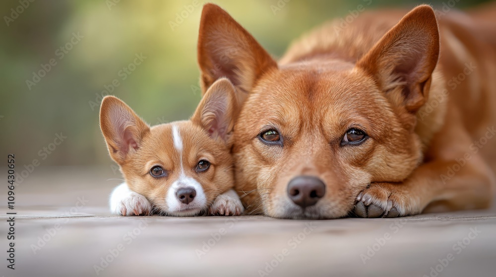 two small brown and white Pembroke Welsh Corgis laying next to each other on the ground, with a blurred background two small brown and white Pembroke Welsh Corgis laying next to each other on the ground, with a blurred background