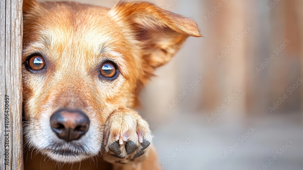 Obraz premium a brown dog peeking out from behind a wooden fence, with a blurred background