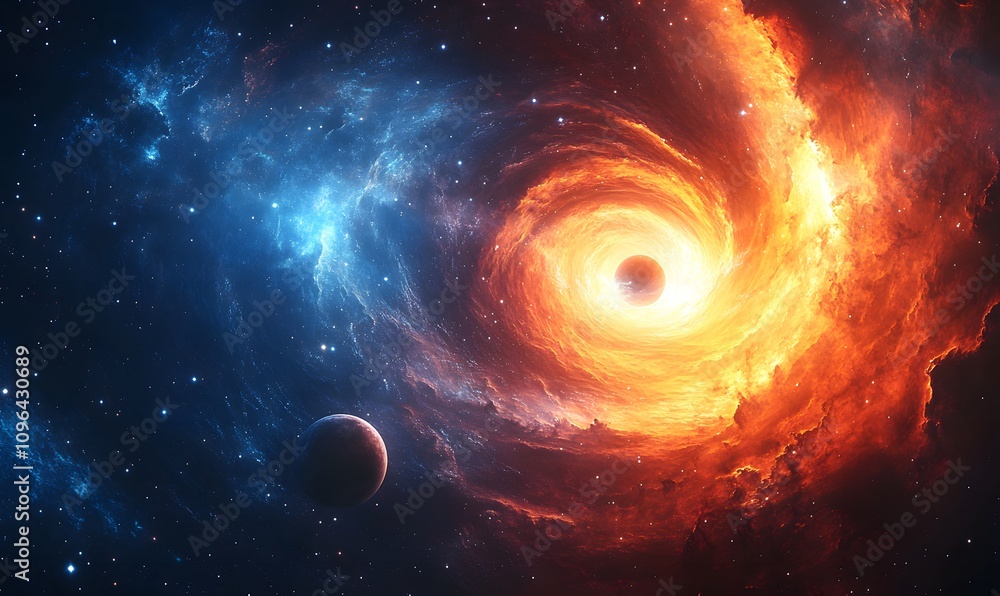Obraz premium Galactic Vortex with Planets, An ethereal image featuring a swirling vortex of cosmic gases and nebulae