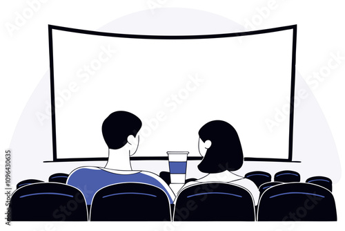 Back view of man and woman sitting at chairs in movie hall and watching film. Cinema, entertainment concept. Vector flat illustration