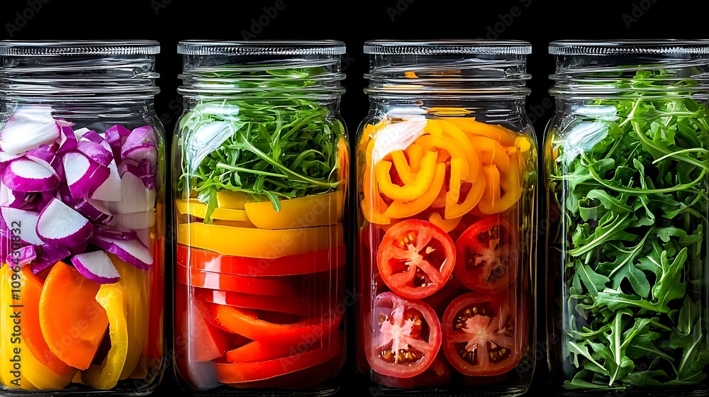 Fresh and Colorful Flat Lay of Various Salad Ingredients in Glass Jars Featuring Bell Peppers, Tomatoes, Radishes, and Greens on a Black Background Fresh and Colorful Flat Lay of Various Salad Ingredients in Glass Jars Featuring Bell Peppers, Tomatoes, Radishes, and Greens on a Black Background