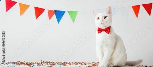 Charming white cat in red bow tie sitting against a white backdrop with colorful festive flags and confetti scattered on the ground photo