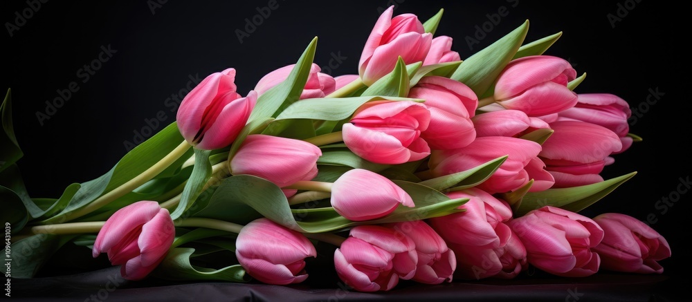 Obraz premium Pink tulip bouquet elegantly arranged on a dark table for a vibrant and sophisticated floral display