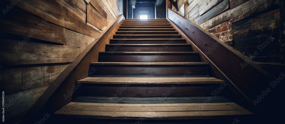 Fototapeta premium Wooden staircase ascending through rustic vintage architecture with illuminated passageway at the top creating an inviting atmosphere