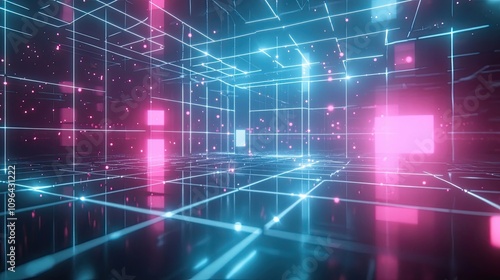 Abstract 3D Rendering of a Digital Space with Glowing Lines and Shapes