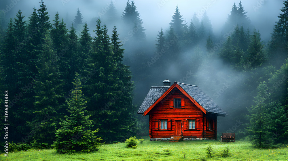 Red Cabin nestled in Misty Evergreen Forest Red Cabin nestled in Misty Evergreen Forest