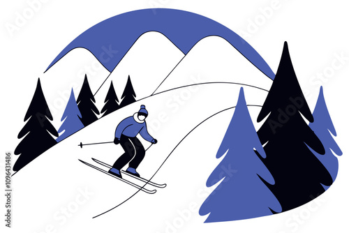 Happy young person in outerwear skiing in mountain resort. Active vacation and entertainment concept. Vector flat illustration