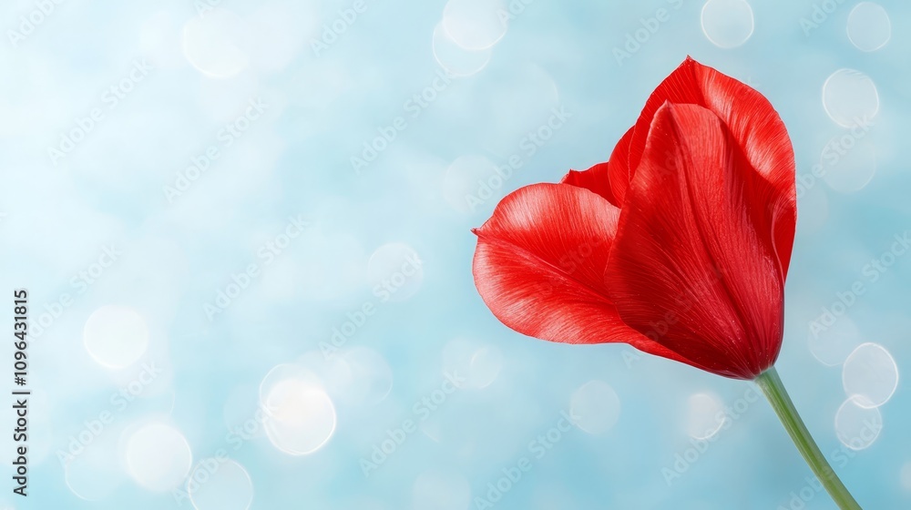 Obraz premium a vibrant red tulip with its stem standing out against a blue background with bokeh lights, creating a beautiful and eye-catching wallpaper