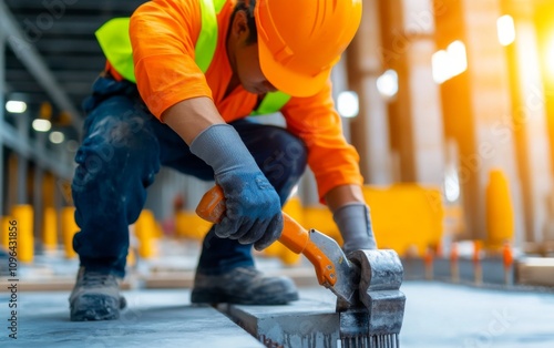 Dedicated Construction Worker Precision Concrete Floor Installation photo