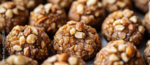 Traditional Greek melomakarona cookies drizzled with honey syrup and topped with chopped nuts in a close-up view photo