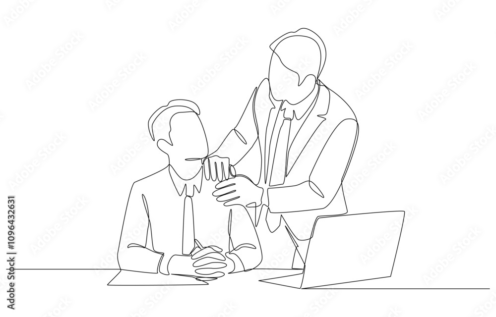 Continuous one line drawing of boss touching employee's shoulder, encouragement at work, single line art. Continuous one line drawing of boss touching employee's shoulder, encouragement at work, single line art.