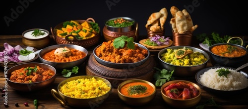 Elegant assortment of colorful Indian cuisine including curries, rice, and appetizers beautifully arranged on a dark wooden surface.