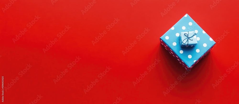 Blue polka dot gift boxes on vibrant red background top perspective flat lay ideal for festive season promotions and celebration themes Blue polka dot gift boxes on vibrant red background top perspective flat lay ideal for festive season promotions and celebration themes