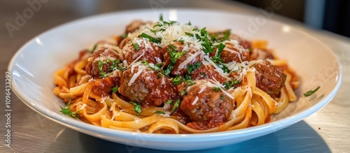 Homemade spaghetti and meatballs topped with Parmesan cheese and parsley served in a classic tomato sauce dish appealing to pasta lovers