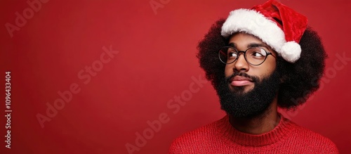 Stylish African man in Santa hat and festive sweater against red background celebrating Christmas with a joyful expression photo