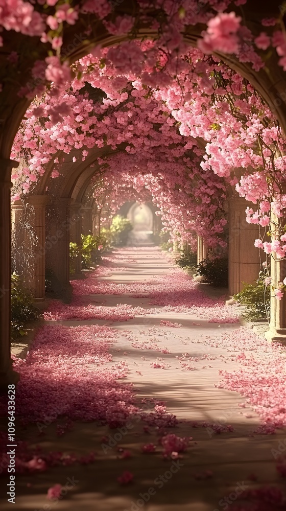 A serene pink flower-filled pathway in a tranquil garden. A serene pink flower-filled pathway in a tranquil garden.