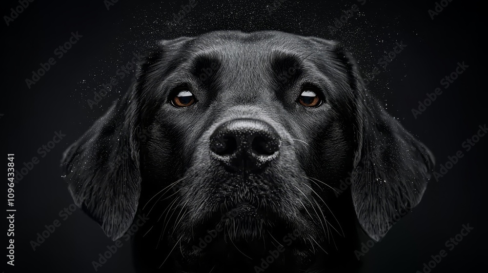  a black labrador retriever with water droplets on its face, set against a black background