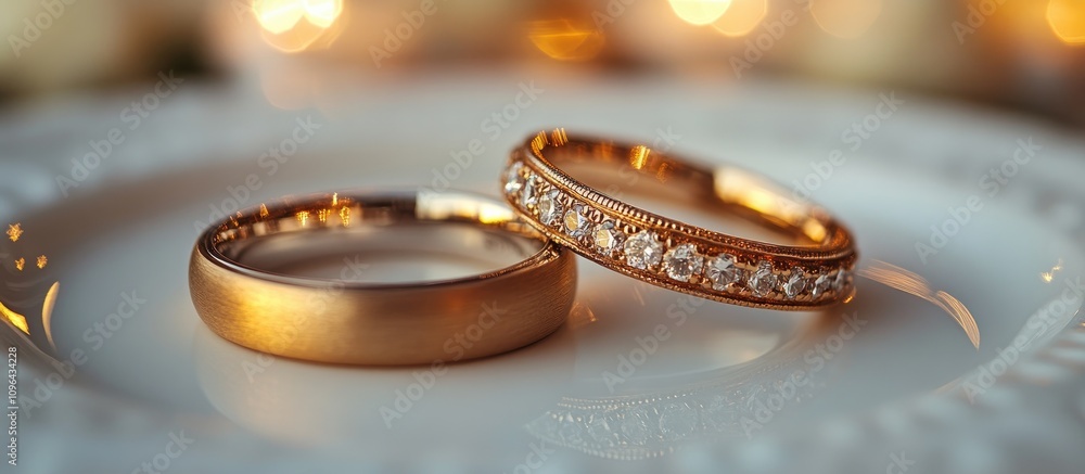 Elegant wedding rings on a white plate sparkling with soft lighting creating a romantic atmosphere for wedding celebrations. Elegant wedding rings on a white plate sparkling with soft lighting creating a romantic atmosphere for wedding celebrations.