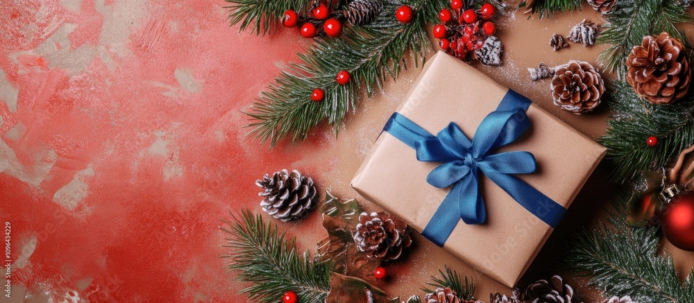 Handmade holiday gift wrapped in paper with blue ribbon surrounded by festive decorations on a colorful table top view with space for text Handmade holiday gift wrapped in paper with blue ribbon surrounded by festive decorations on a colorful table top view with space for text