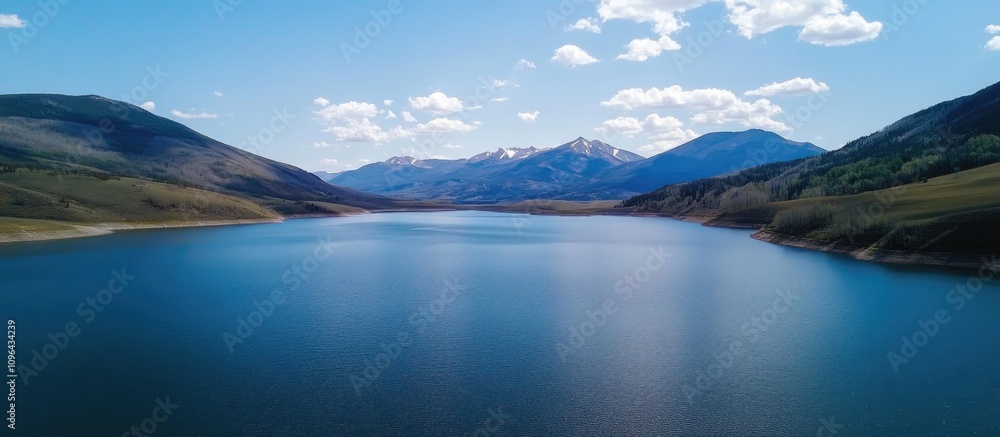 Aerial view of tranquil lake surrounded by mountains under a clear blue sky showcasing nature's serene beauty and expansive landscapes. Aerial view of tranquil lake surrounded by mountains under a clear blue sky showcasing nature's serene beauty and expansive landscapes.