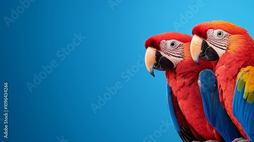  two colorful parrots sitting on top of each other against a blue background The parrots are vibrant and varied in color, with one being a bright red and the other photo